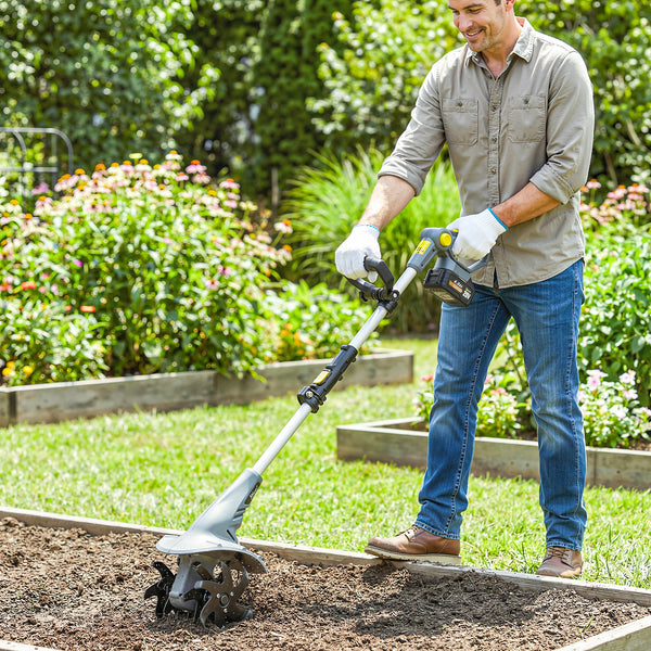 Cordless Tiller, 18V Electric Garden Rotavator with 2 x 4000mAh Batteries, Charger, 20cm Tilling Width & 18cm Depth, 4 Blades, Aluminium Shaft, Adjustable Handle for Weeding, Loosening Soil