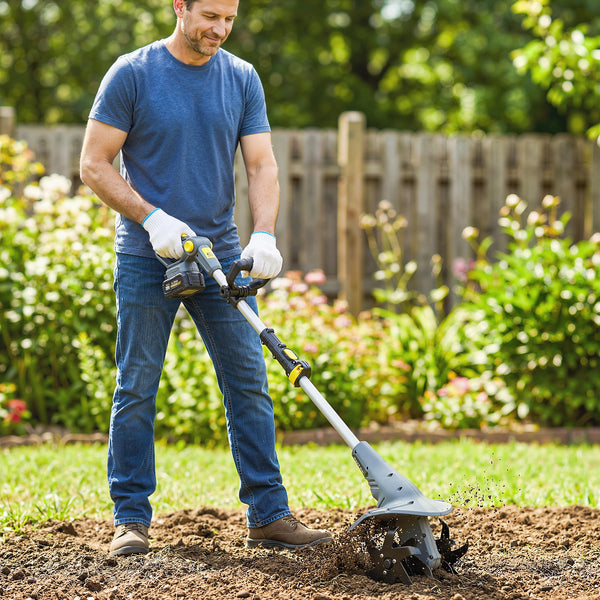 Cordless Tiller, 18V Electric Garden Rotavator with 2 x 4000mAh Batteries, Charger, 20cm Tilling Width & 18cm Depth, 4 Blades, Aluminium Shaft, Adjustable Handle for Weeding, Loosening Soil