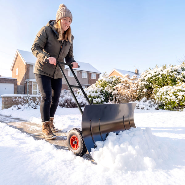 Snow Shovel with Wheels, 29" x 18" Heavy Duty Metal Snow Pusher with 5-Level Adjustable Handle, 7-Angle Blade, Bottom Wear Strip for Driveway, Sidewalks, Garden, Deck, Black