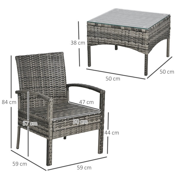 3 Pieces Rattan Bistro Set, Wicker Garden Furniture Set with Glass Top Coffee Table and Chairs, Washable Cushions for Outdoor, Patio, Balcony, Mixed Grey