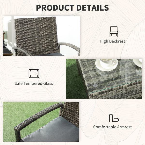 3 Pieces Rattan Bistro Set, Wicker Garden Furniture Set with Glass Top Coffee Table and Chairs, Washable Cushions for Outdoor, Patio, Balcony, Mixed Grey