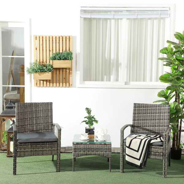 3 Pieces Rattan Bistro Set, Wicker Garden Furniture Set with Glass Top Coffee Table and Chairs, Washable Cushions for Outdoor, Patio, Balcony, Mixed Grey