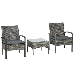 3 Pieces Rattan Bistro Set, Wicker Garden Furniture Set with Glass Top Coffee Table and Chairs, Washable Cushions for Outdoor, Patio, Balcony, Mixed Grey