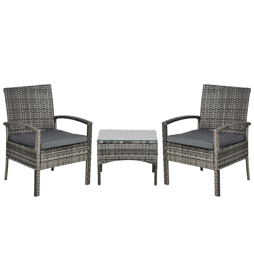3 Pieces Rattan Bistro Set, Wicker Garden Furniture Set with Glass Top Coffee Table and Chairs, Washable Cushions for Outdoor, Patio, Balcony, Mixed Grey