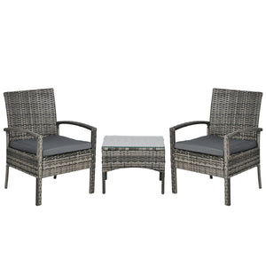 3 Pieces Rattan Bistro Set, Wicker Garden Furniture Set with Glass Top Coffee Table and Chairs, Washable Cushions for Outdoor, Patio, Balcony, Mixed Grey