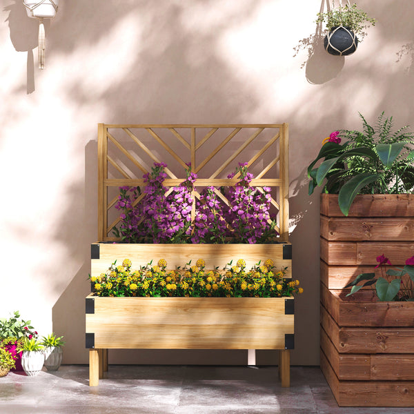 Outsunny Raised Garden Bed with Trellis, 2 Tier Wooden Elevated Planter Box with Legs and Metal Corners for Vegetables, Flowers, Herbs, Natural