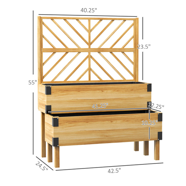 Outsunny Raised Garden Bed with Trellis, 2 Tier Wooden Elevated Planter Box with Legs and Metal Corners for Vegetables, Flowers, Herbs, Natural