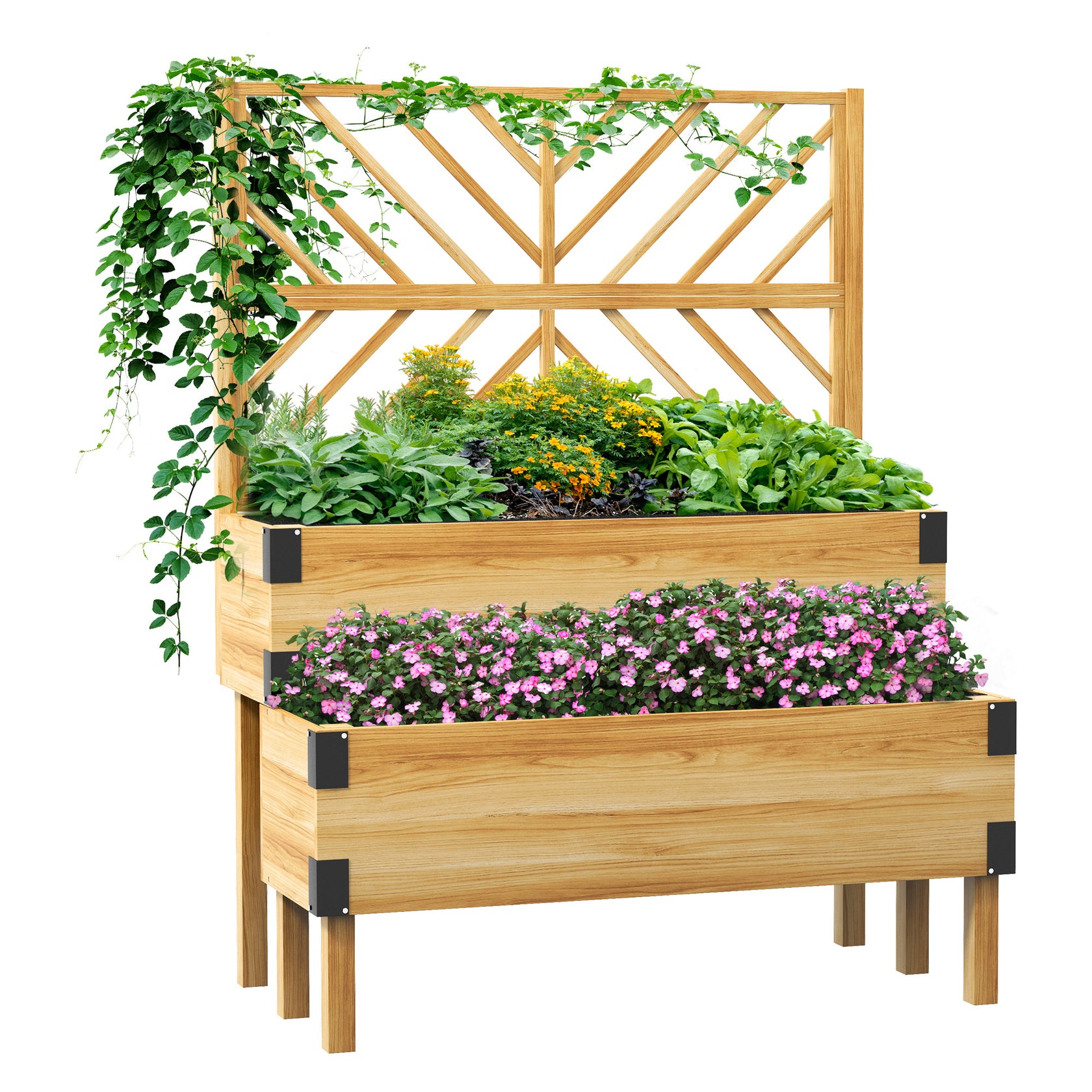 Raised Garden Bed with Trellis, 2 Tier Wooden Elevated Planter Box with Legs and Metal Corners for Vegetables, Flowers, Herbs, Natural