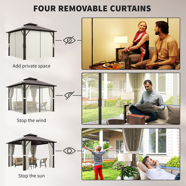 3 x 3(m) Hardtop Gazebo Canopy with UPF30+ Double Polycarbonate Roof, Aluminium Frame Garden Gazebo Permanent Pavilion with Mosquito Netting and Curtains for Patio, Deck, Beige