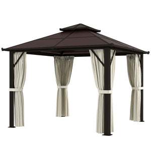 3 x 3(m) Hardtop Gazebo Canopy with UPF30+ Double Polycarbonate Roof, Aluminium Frame Garden Gazebo Permanent Pavilion with Mosquito Netting and Curtains for Patio, Deck, Beige