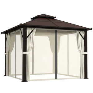 3 x 3(m) Hardtop Gazebo Canopy with UPF30+ Double Polycarbonate Roof, Aluminium Frame Garden Gazebo Permanent Pavilion with Mosquito Netting and Curtains for Patio, Deck, Beige