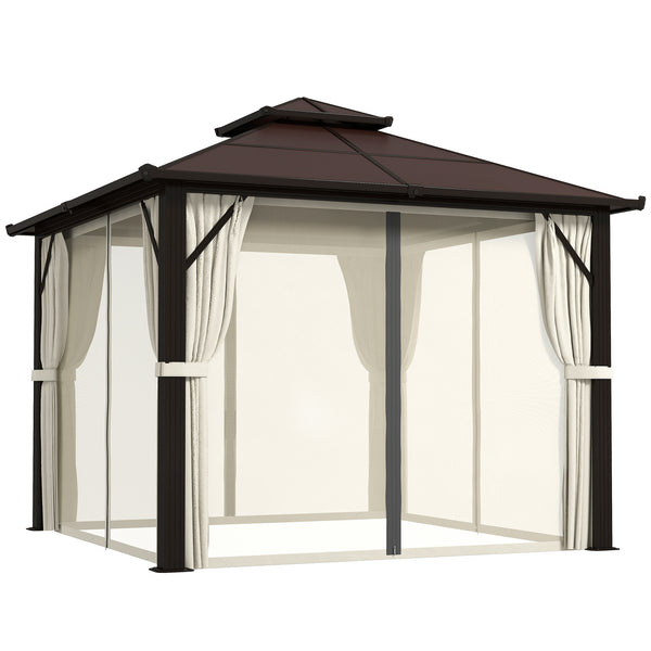 3 x 3(m) Hardtop Gazebo Canopy with UPF30+ Double Polycarbonate Roof, Aluminium Frame Garden Gazebo Permanent Pavilion with Mosquito Netting and Curtains for Patio, Deck, Beige