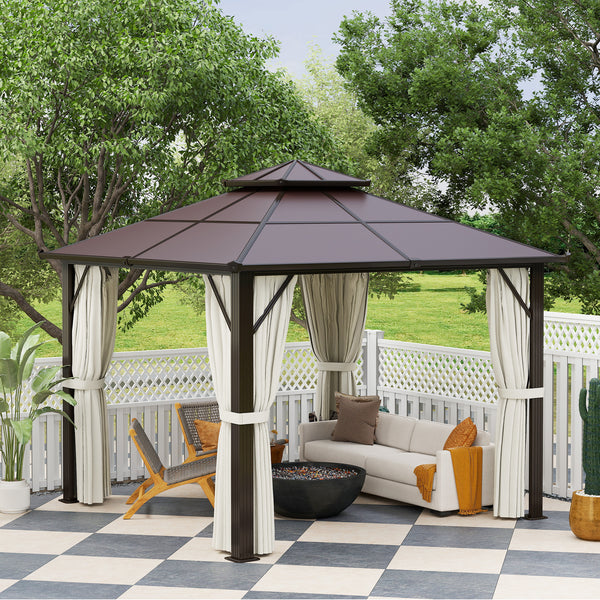 3 x 3(m) Hardtop Gazebo Canopy with UPF30+ Double Polycarbonate Roof, Aluminium Frame Garden Gazebo Permanent Pavilion with Mosquito Netting and Curtains for Patio, Deck, Beige