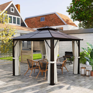 3 x 3(m) Hardtop Gazebo Canopy with UPF30+ Double Polycarbonate Roof, Aluminium Frame Garden Gazebo Permanent Pavilion with Mosquito Netting and Curtains for Patio, Deck, Beige