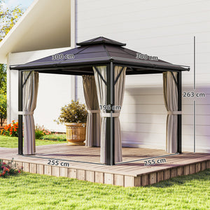 3 x 3(m) Hardtop Gazebo Canopy with UPF30+ Double Polycarbonate Roof, Aluminium Frame Garden Gazebo Permanent Pavilion with Mosquito Netting and Curtains for Patio, Deck, Beige