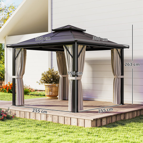 3 x 3(m) Hardtop Gazebo Canopy with UPF30+ Double Polycarbonate Roof, Aluminium Frame Garden Gazebo Permanent Pavilion with Mosquito Netting and Curtains for Patio, Deck, Beige