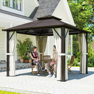 3 x 3(m) Hardtop Gazebo Canopy with UPF30+ Double Polycarbonate Roof, Aluminium Frame Garden Gazebo Permanent Pavilion with Mosquito Netting and Curtains for Patio, Deck, Beige