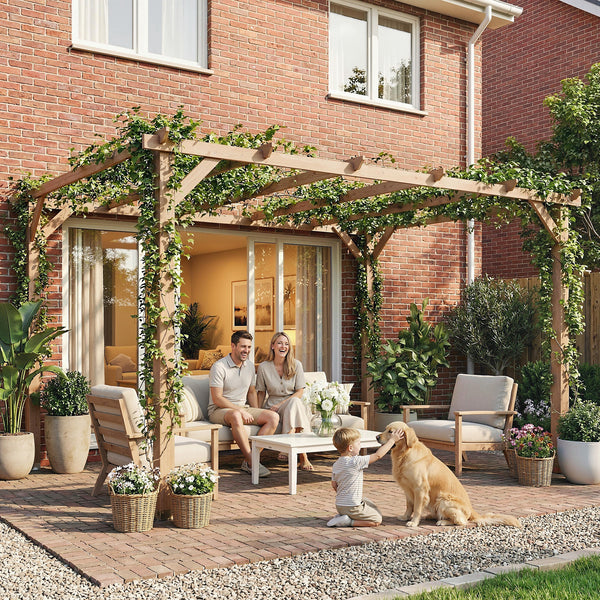 4 x 3 m Wooden Pergola Kit, Garden Pergola Gazebo Grape Trellis with Triangle Supports, 6 Crossing Beams for Climbing Vines, Flowers, Sun Shade Shelter for Grill, Patio, Maple Wood-effect
