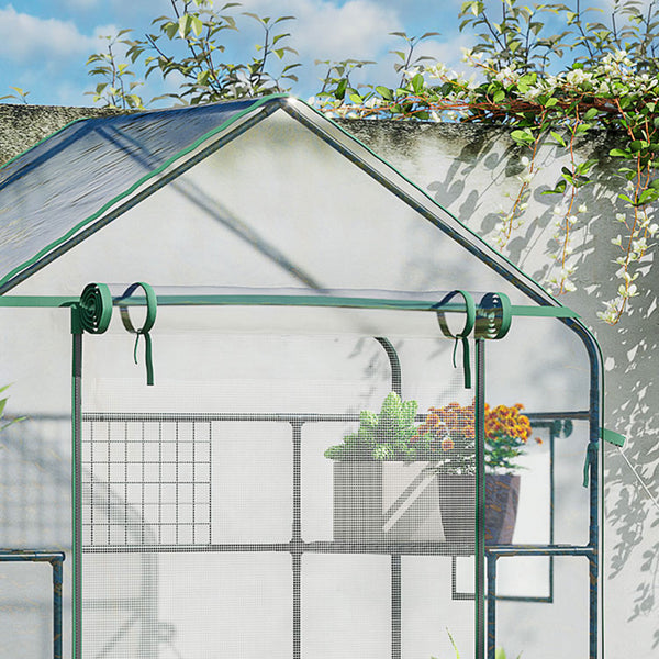 Outsunny Outdoor Walk-in Mini Greenhouse with Mesh Door & Windows, Small Portable Garden Green House with 3 Tiers 6 Shelves, Trellis, & Plant Labels