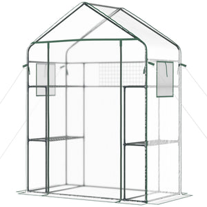 Outsunny Outdoor Walk-in Mini Greenhouse with Mesh Door & Windows, Small Portable Garden Green House with 3 Tiers 6 Shelves, Trellis, & Plant Labels