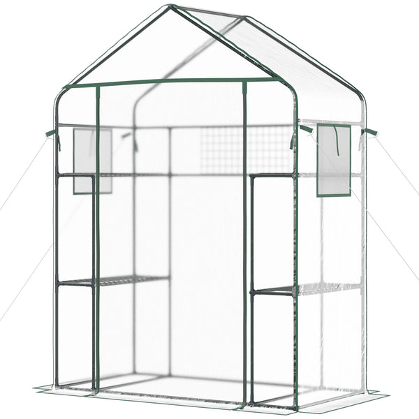 Outsunny Outdoor Walk-in Mini Greenhouse with Mesh Door & Windows, Small Portable Garden Green House with 3 Tiers 6 Shelves, Trellis, & Plant Labels