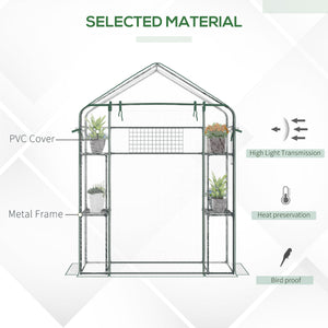 Outsunny Outdoor Walk-in Mini Greenhouse with Mesh Door & Windows, Small Portable Garden Green House with 3 Tiers 6 Shelves, Trellis, & Plant Labels