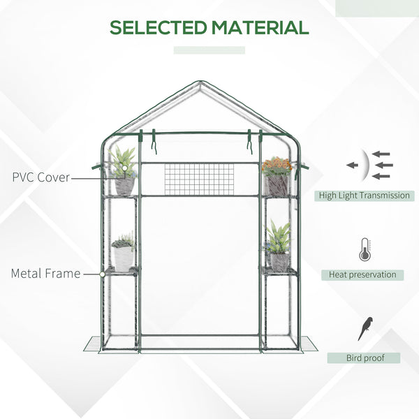 Outsunny Outdoor Walk-in Mini Greenhouse with Mesh Door & Windows, Small Portable Garden Green House with 3 Tiers 6 Shelves, Trellis, & Plant Labels