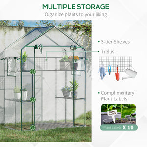 Outsunny Outdoor Walk-in Mini Greenhouse with Mesh Door & Windows, Small Portable Garden Green House with 3 Tiers 6 Shelves, Trellis, & Plant Labels