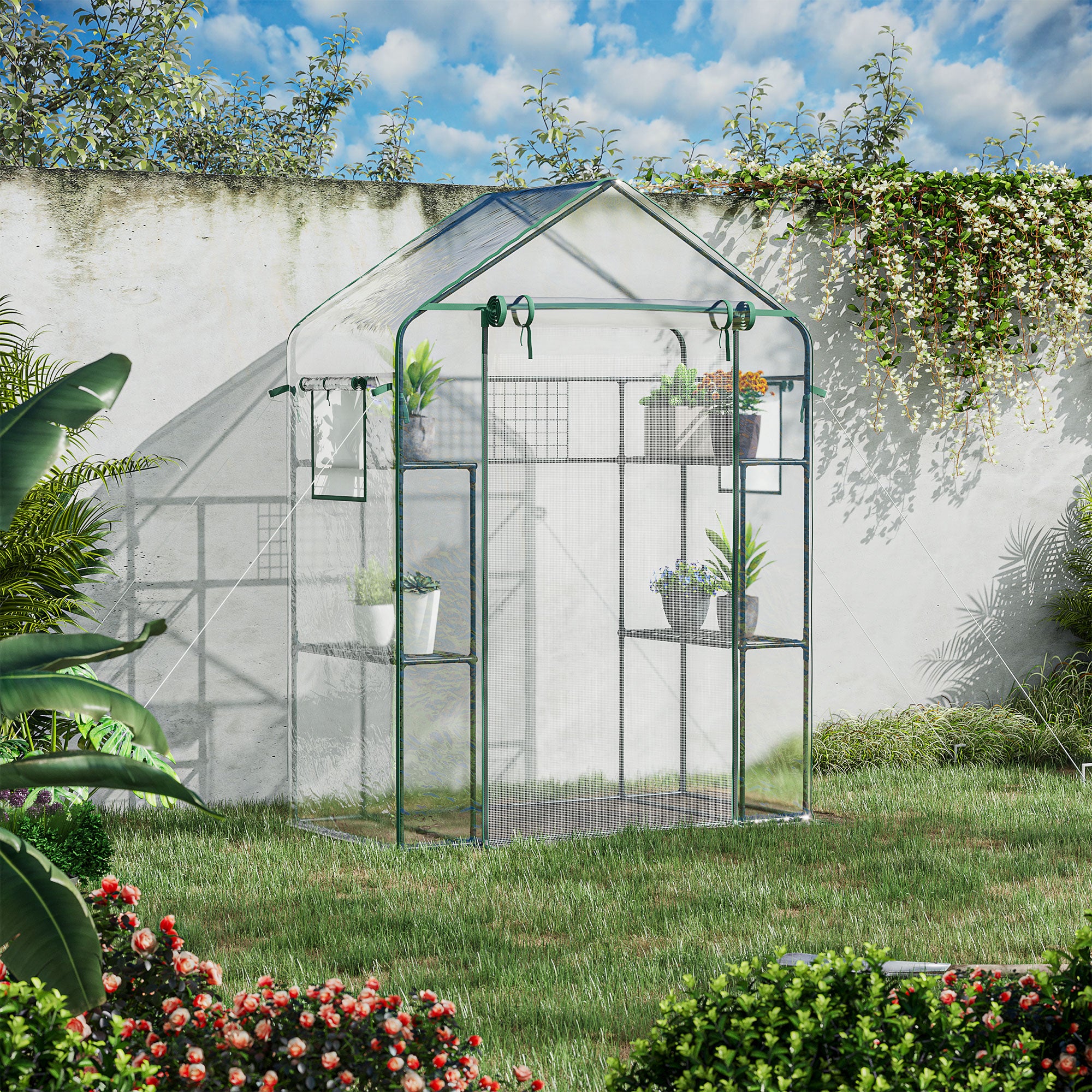 portable plant house Outsunny Outdoor Walk-in Mini Greenhouse with Mesh Door & Windows, Small Portable Garden Hot House