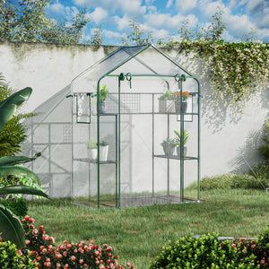 Outsunny Outdoor Walk-in Mini Greenhouse with Mesh Door & Windows, Small Portable Garden Green House with 3 Tiers 6 Shelves, Trellis, & Plant Labels