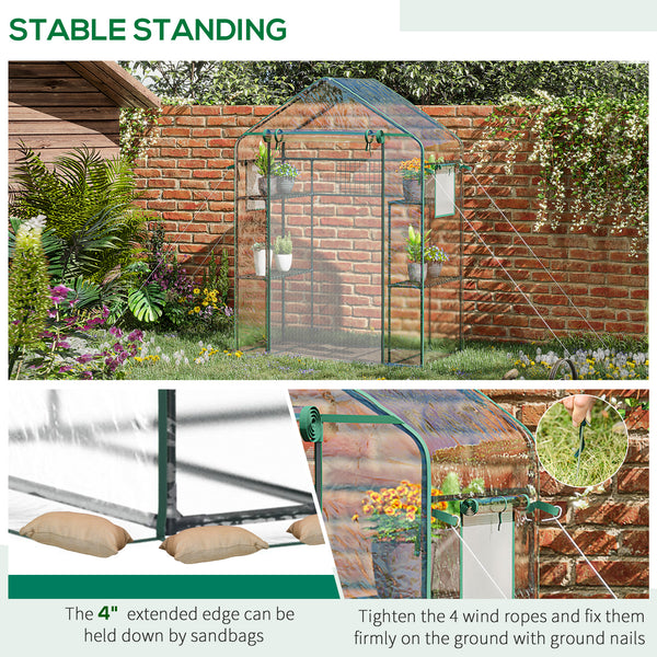 Outsunny Outdoor Walk-in Mini Greenhouse with Mesh Door & Windows, Small Portable Garden Green House with 3 Tiers 6 Shelves, Trellis, & Plant Labels