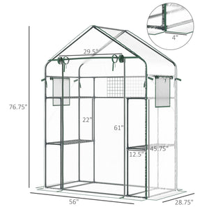 Outsunny Outdoor Walk-in Mini Greenhouse with Mesh Door & Windows, Small Portable Garden Green House with 3 Tiers 6 Shelves, Trellis, & Plant Labels