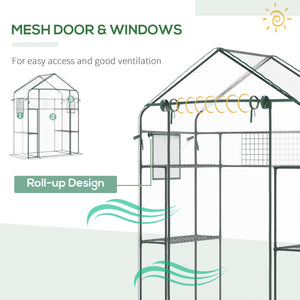 Outsunny Outdoor Walk-in Mini Greenhouse with Mesh Door & Windows, Small Portable Garden Green House with 3 Tiers 6 Shelves, Trellis, & Plant Labels