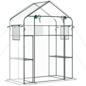 Outsunny Outdoor Walk-in Mini Greenhouse with Mesh Door & Windows, Small Portable Garden Green House with 3 Tiers 6 Shelves, Trellis, & Plant Labels