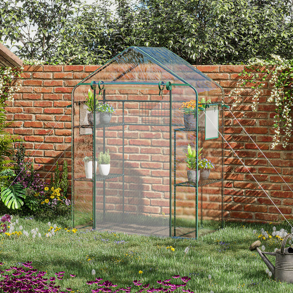 Outsunny Outdoor Walk-in Mini Greenhouse with Mesh Door & Windows, Small Portable Garden Green House with 3 Tiers 6 Shelves, Trellis, & Plant Labels