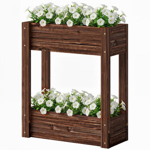 2-Tier Wooden Raised Planter, Raised Garden Bed on Legs with Drainage Holes and Bed Liner, Outdoor Elevated Garden Planter for Vegetables, Herbs, Flowers, 60 x 25 x 70 cm
