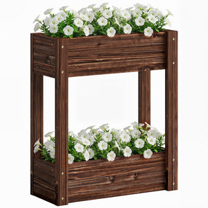 2-Tier Wooden Raised Planter, Raised Garden Bed on Legs with Drainage Holes and Bed Liner, Outdoor Elevated Garden Planter for Vegetables, Herbs, Flowers, 60 x 25 x 70 cm