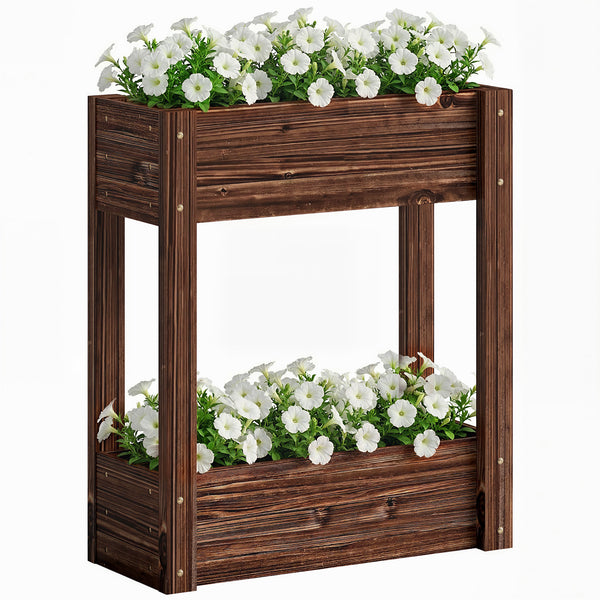 2-Tier Wooden Raised Planter, Raised Garden Bed on Legs with Drainage Holes and Bed Liner, Outdoor Elevated Garden Planter for Vegetables, Herbs, Flowers, 60 x 25 x 70 cm