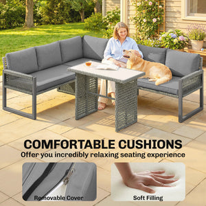 6 Seater Rattan Garden Furniture Set with 3 Loveseats, Glass-Top Table, 4 Piece Outdoor Dining Patio Rattan Furniture Corner Sofa Set with Cushions for Conservatory, Grey