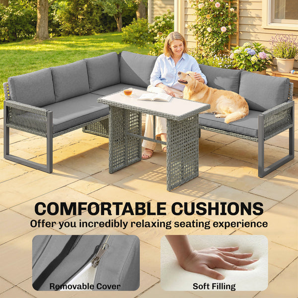 6 Seater Rattan Garden Furniture Set with 3 Loveseats, Glass-Top Table, 4 Piece Outdoor Dining Patio Rattan Furniture Corner Sofa Set with Cushions for Conservatory, Grey