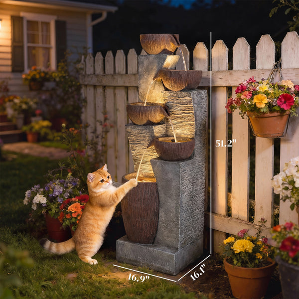 Outdoor Water Fountain with 5-Tier Crock Design, 51.2" Tall Cascading Waterfall Garden Fountain with LED Lights and Adjustable Flow, Rustic Decor for Patio, Backyard, Gray and Rustic Brown