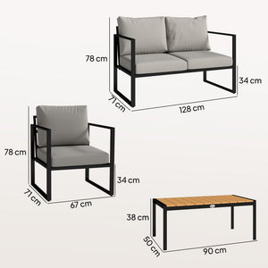 Outdoor Garden Furniture Set, 4 Piece Patio Furniture with Slatted Table, Loveseat and Armchairs, Indoor Outdoor Balcony Patio Conservatory Set with Metal Frame and Cushions, Grey