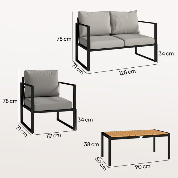 Outdoor Garden Furniture Set, 4 Piece Patio Furniture with Slatted Table, Loveseat and Armchairs, Indoor Outdoor Balcony Patio Conservatory Set with Metal Frame and Cushions, Grey