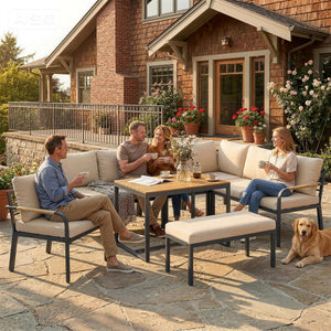 7 Seater Garden Furniture Set with 2 Loveseats, Armchair, 2 Armless Chairs, Footstool, Faux Wood Table, Metal Garden Sofa Set with Cushions, Outdoor Furniture Conversation Sets, Khaki