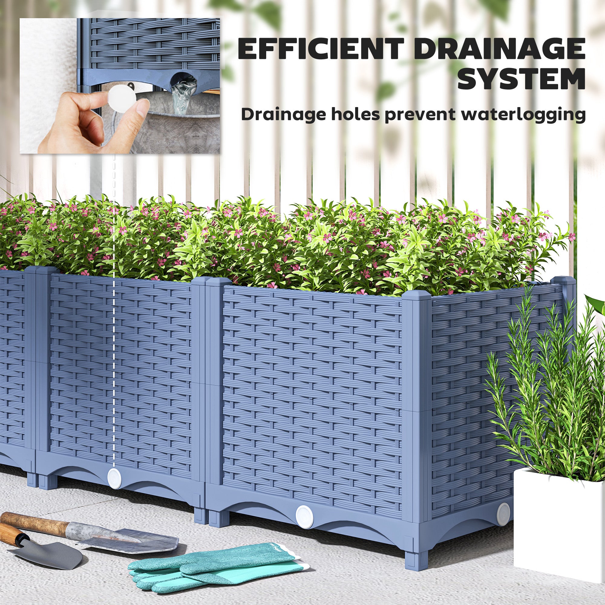 plastic planter drainage Outsunny Plastic Raised Garden Bed, 4 x 1 x 1 ft Outdoor Flower Box with Drainage Holes for Vegetables, Herbs, Blue