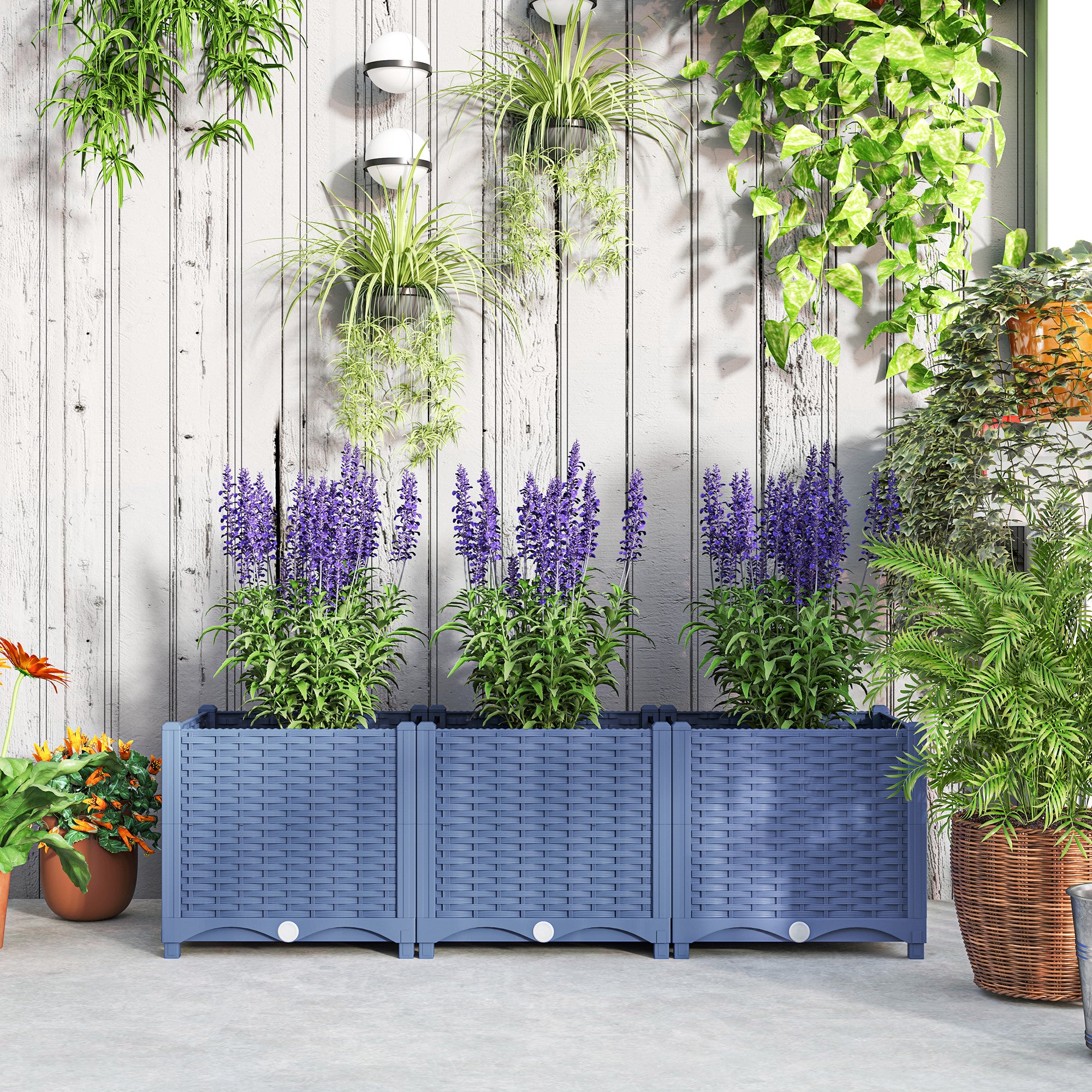 outdoor plants plastic Outsunny Plastic Raised Garden Bed, 4 x 1 x 1 ft Outdoor Flower Box with Drainage Holes for Vegetables, Herbs, Blue