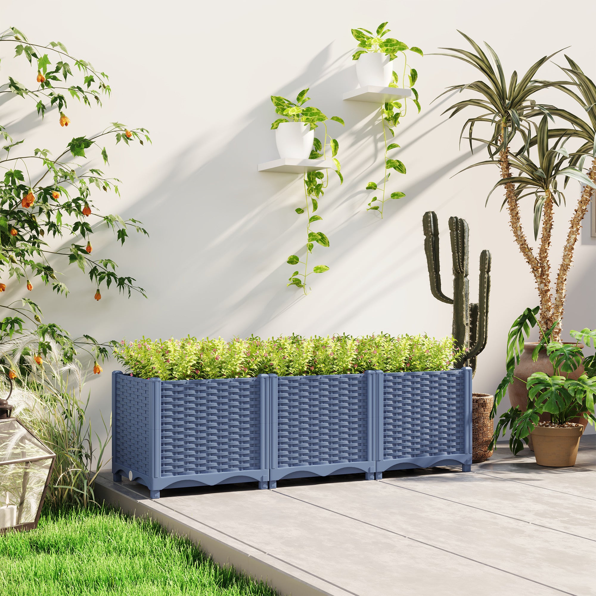 4 foot plastic planter Outsunny Plastic Raised Garden Bed, 4 x 1 x 1 ft Outdoor Flower Box with Drainage Holes for Vegetables, Herbs, Blue