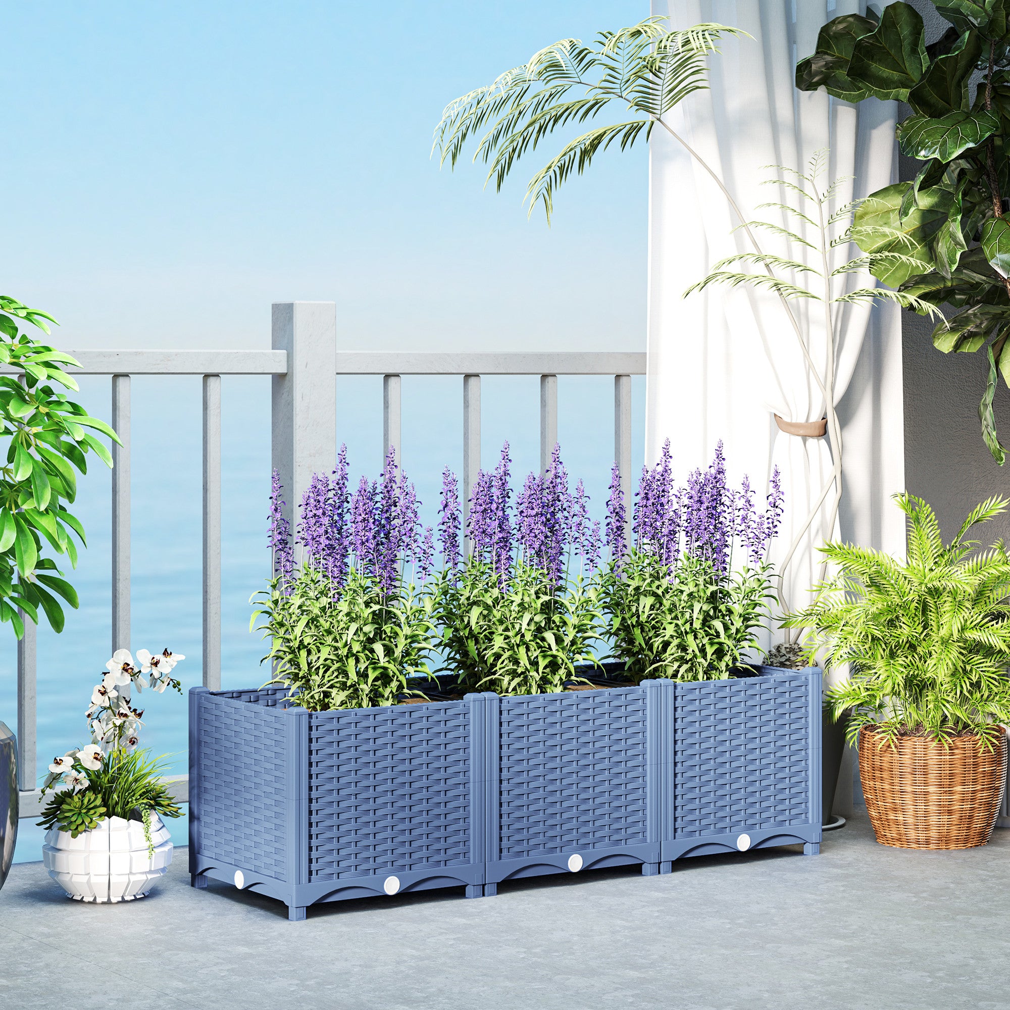 plastic vegetable planter boxes Outsunny Plastic Raised Garden Bed, 4 x 1 x 1 ft Outdoor Flower Box with Drainage Holes for Vegetables, Herbs, Blue