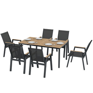 7 Piece Outdoor Dining Set, Rectangle Patio Table and 6 Mesh Chairs with Slatted Tabletop, All Weather Outdoor Dining Furniture Set for Backyard, Deck, Garden, Black