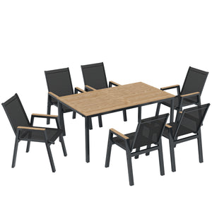 7 Piece Outdoor Dining Set, Rectangle Patio Table and 6 Mesh Chairs with Slatted Tabletop, All Weather Outdoor Dining Furniture Set for Backyard, Deck, Garden, Black